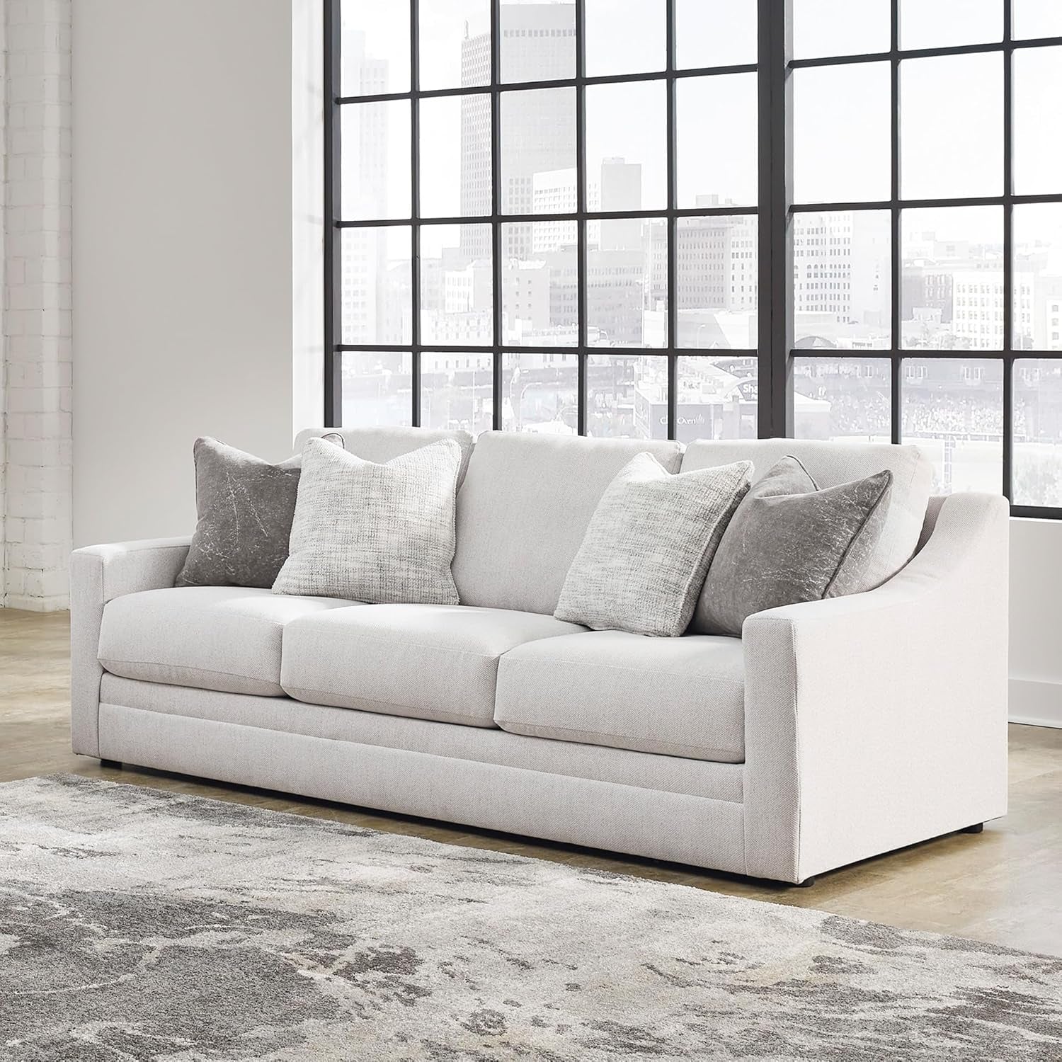 Signature Design by Ashley Maitelynn Sofa, No Assembly Required 88 Inch Contemporary 3 Seater Couch, Sag-Resistant Springless Platform Foundation for Living Room, Light Gray Chalk