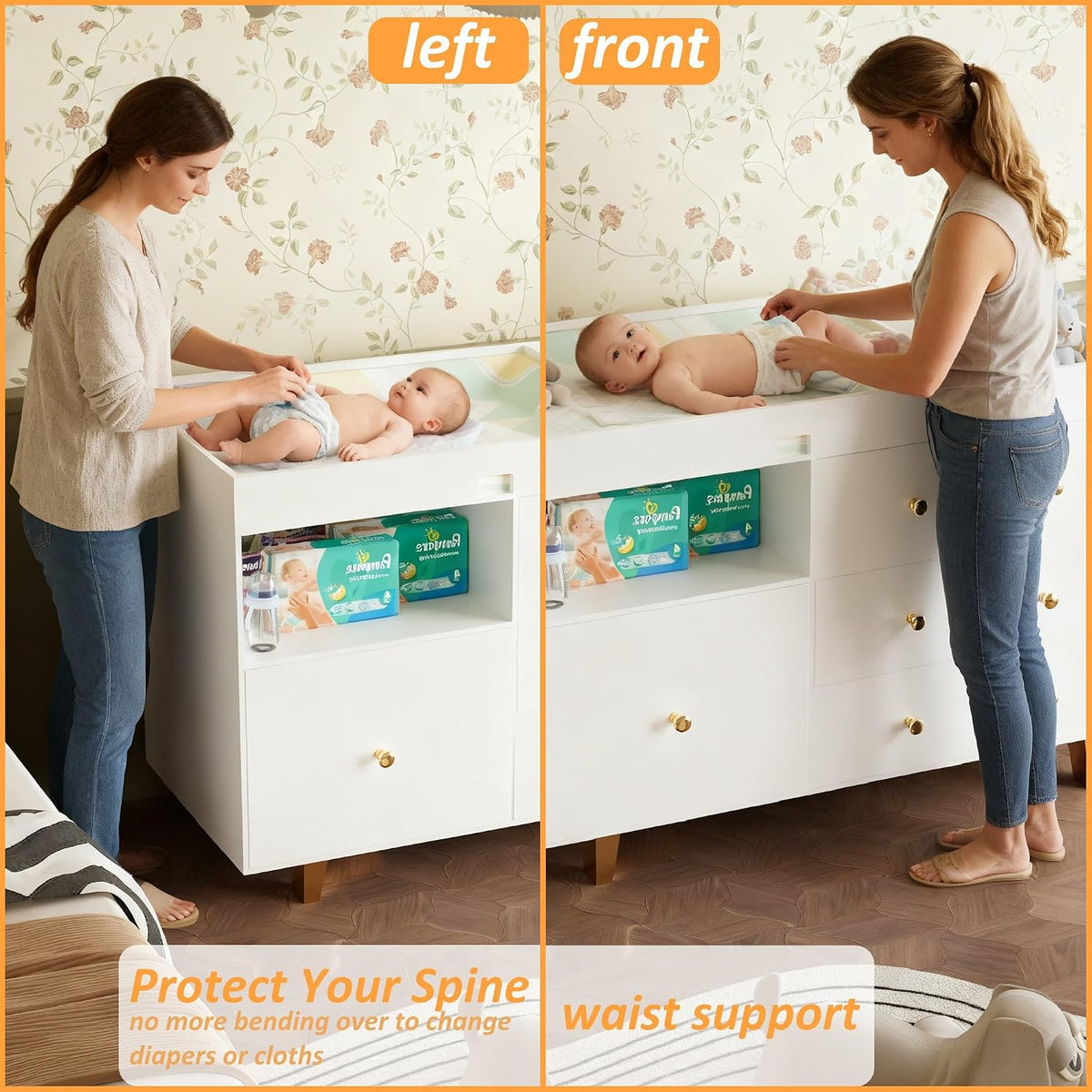 Split view of two adults standing and changing babies on the dresser from left and front positions