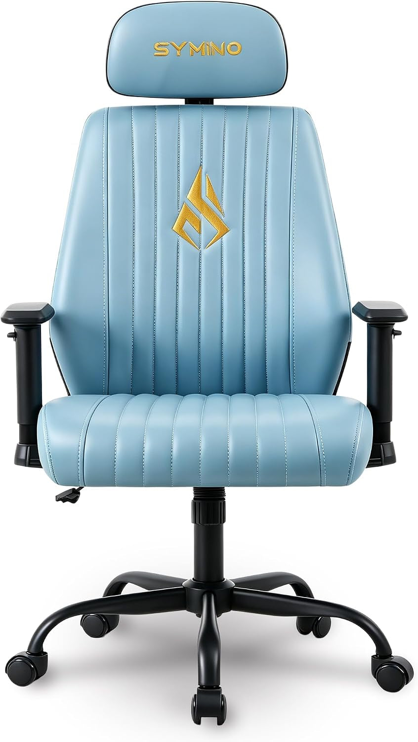 Front view of a light blue upholstered office chair with stitched vertical lines and matching headrest.