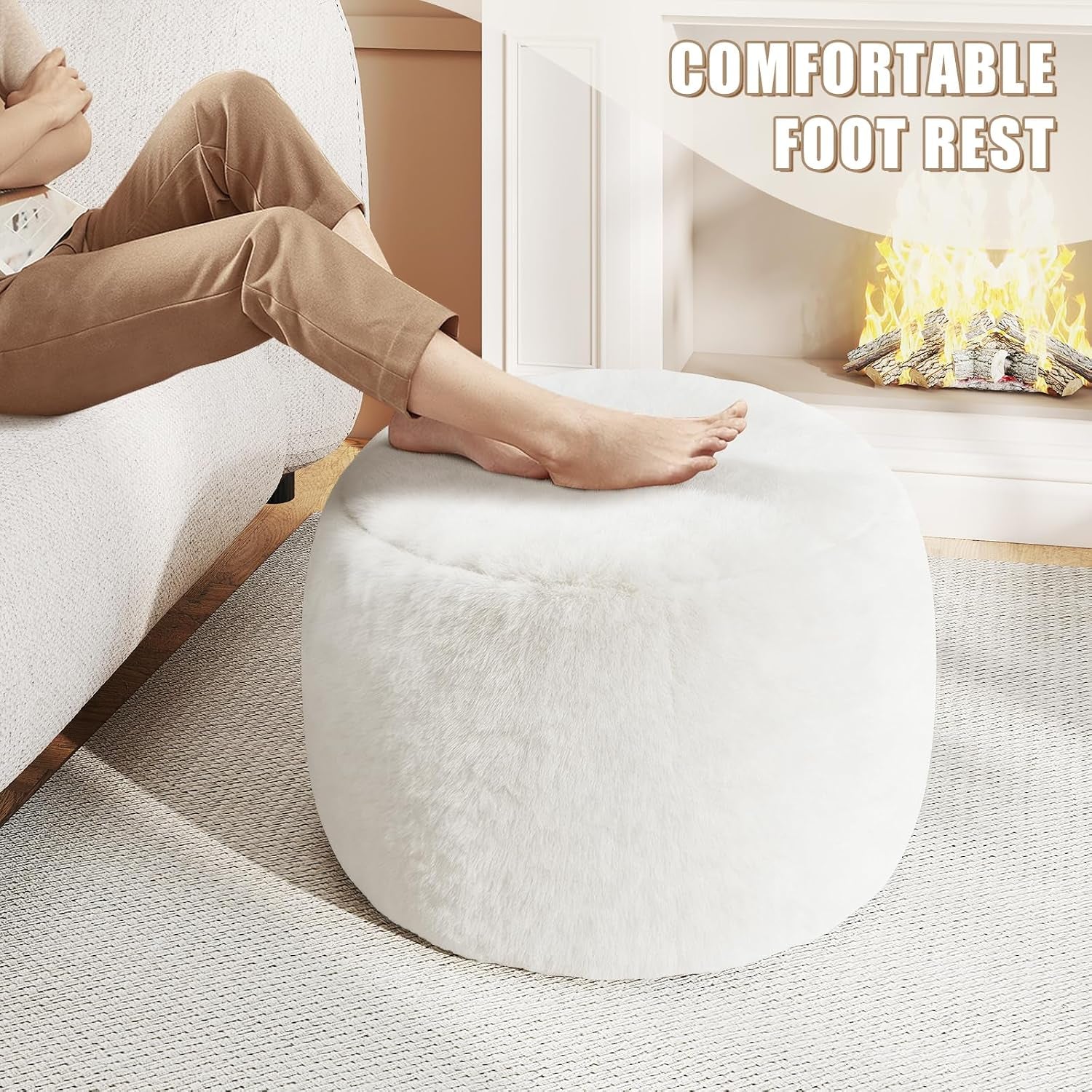 White faux fur pouf serving as a footrest with a person’s foot on top and a fireplace in the background