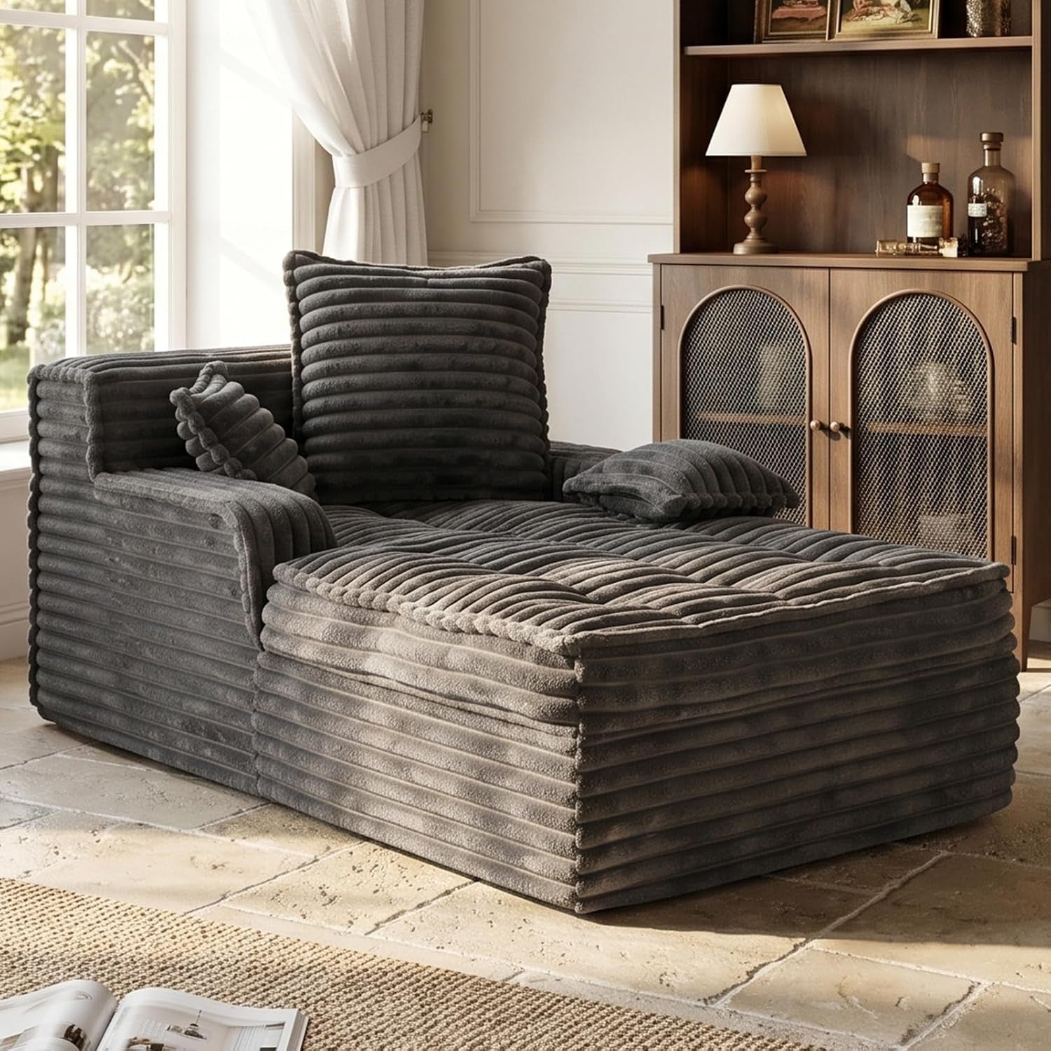 Side-front view of a gray corduroy chaise lounge with three matching pillows beside a wooden cabinet.