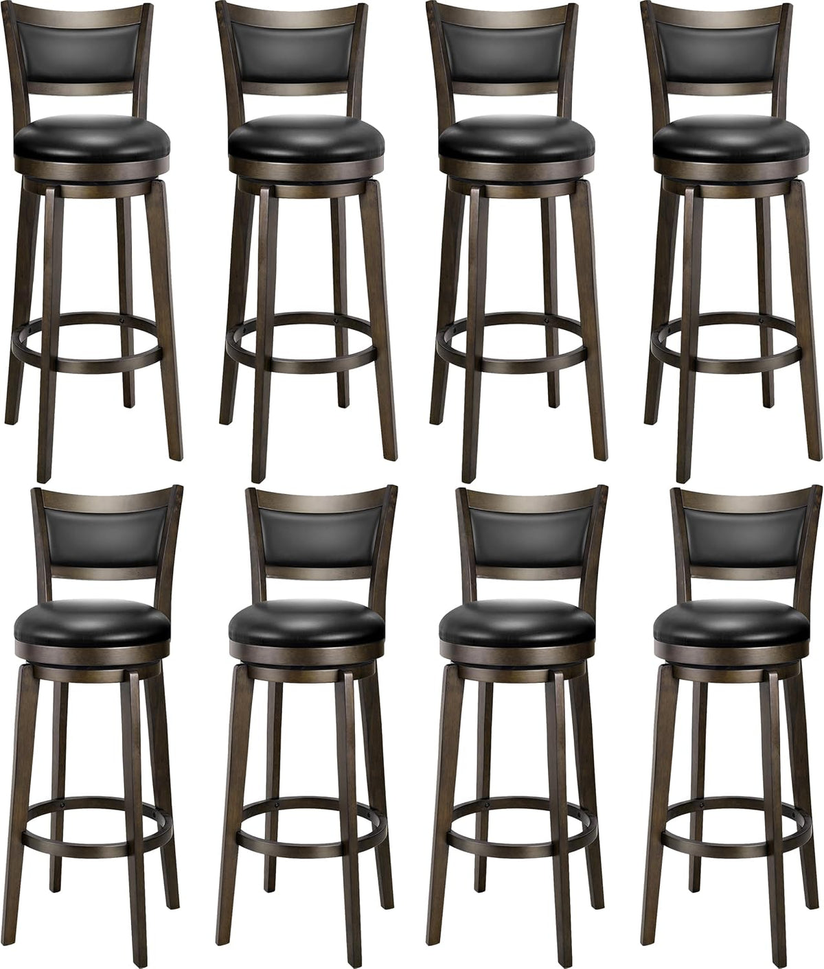 Eight swivel bar stools with dark wood frames and black upholstered round seats shown in a grid on white background.