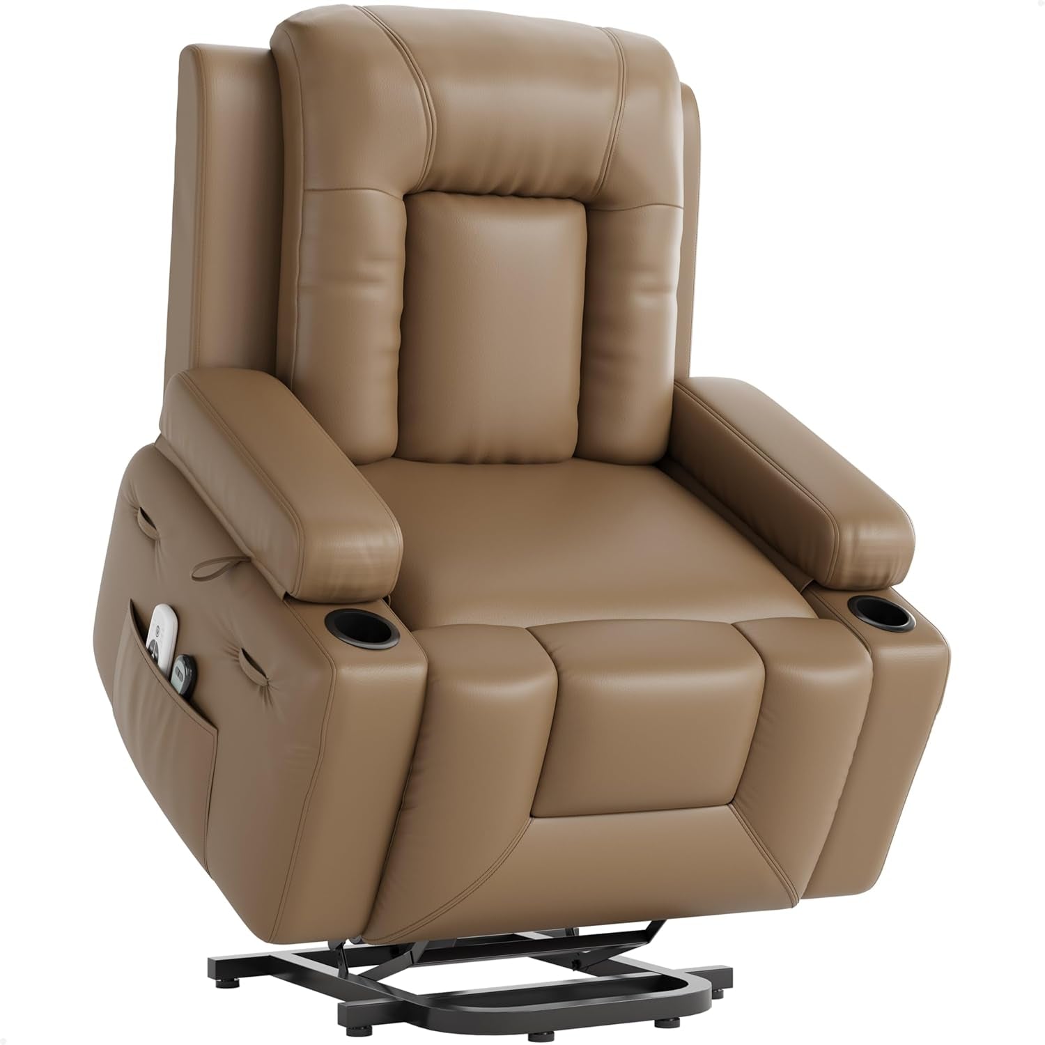 High-angle front view of a tan recliner showing two cup holders and a side pocket with remotes.