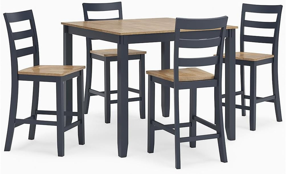 Six-piece dining set with square table and four ladder-back counter chairs in dark gray frames and natural wood tops.