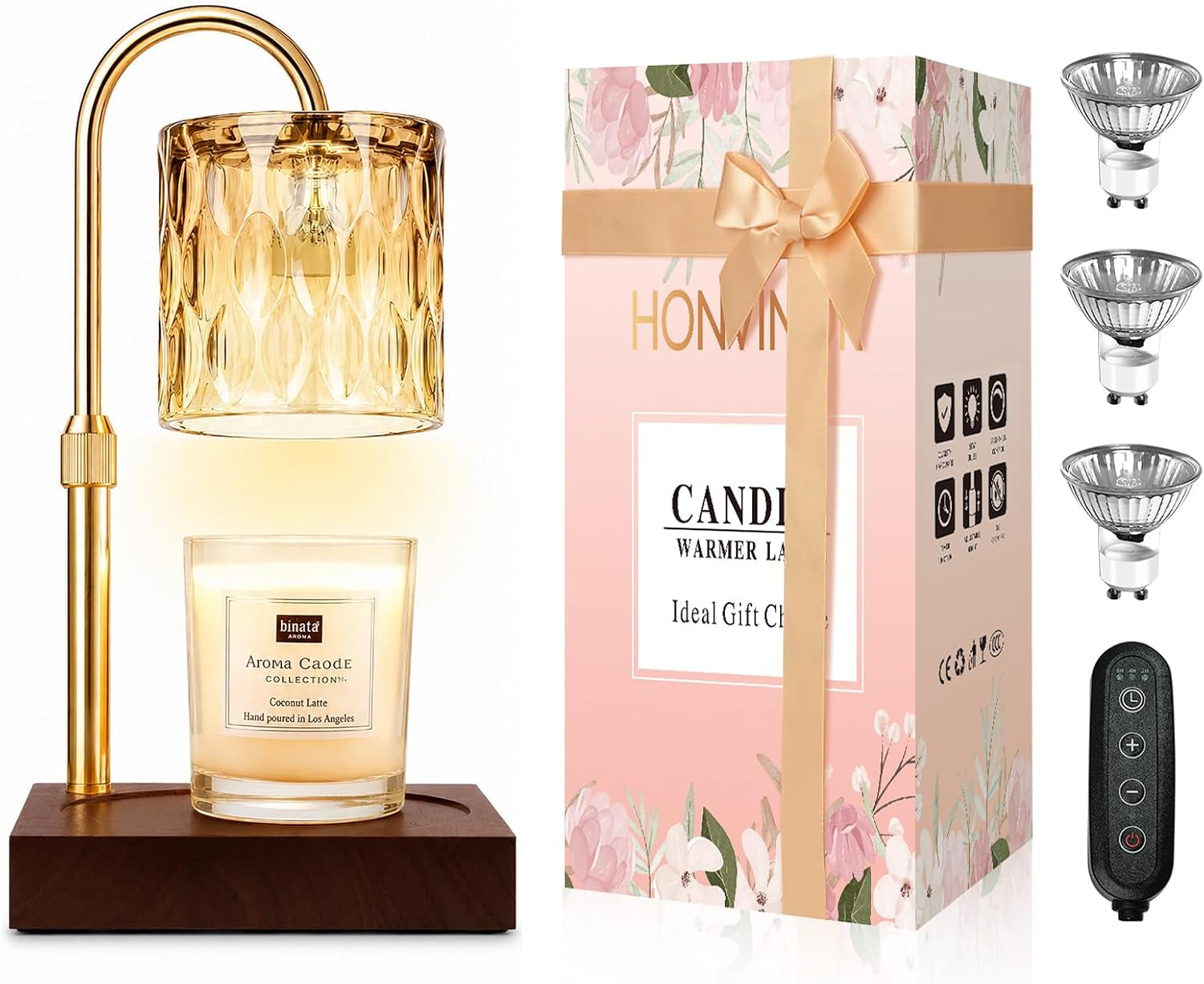 Isolated candle warmer lamp on a dark wood base next to a floral gift box, three halogen bulbs and a remote.