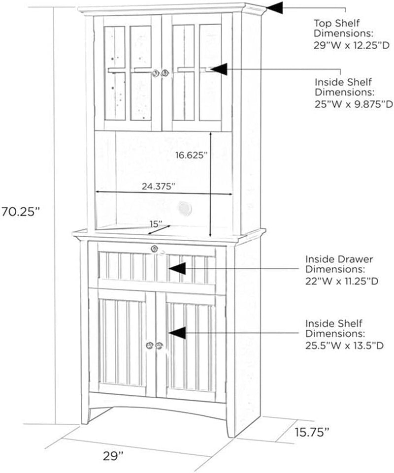 Line drawing with dimensional callouts showing width, depth and shelf measurements for the 29" hutch