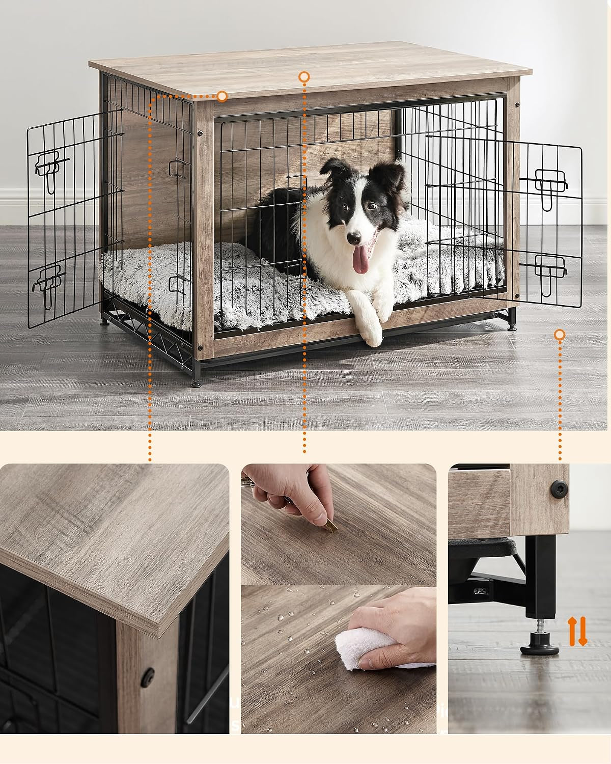 Greige wood dog crate styled as end table with open double doors and inset detail panels