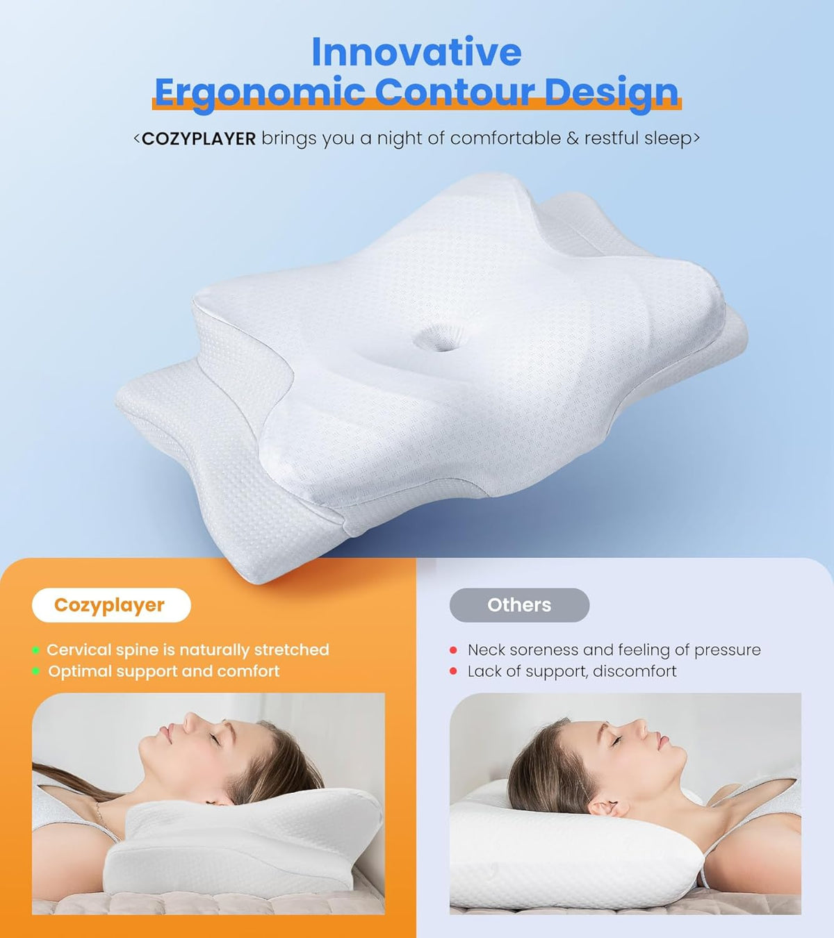 White hollow‑concave contour pillow shown on blue background highlighting its ergonomic shape