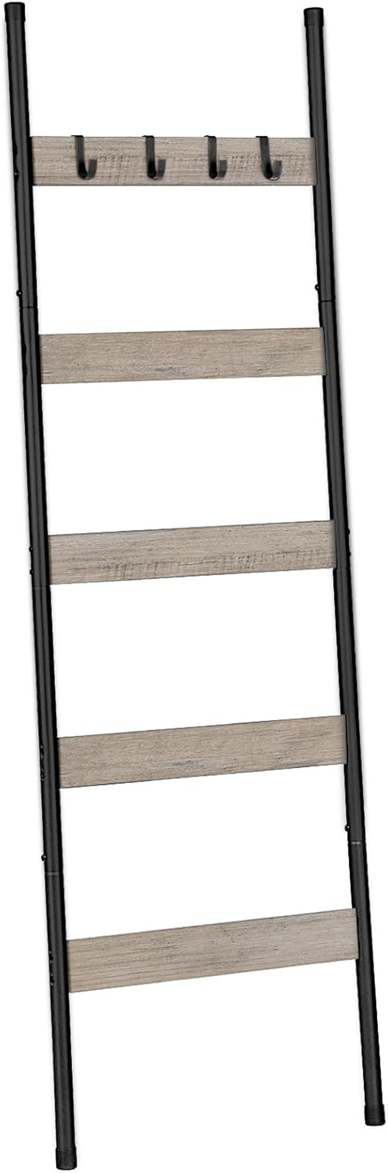 Close frontal view of black frame and greige particleboard slats showing four removable black hooks across the top slat