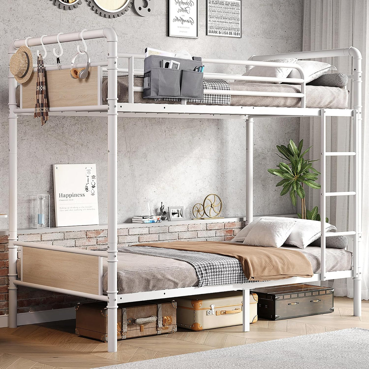 Same twin-over-twin bunk bed in an all-white finish with pale wood panels and ladder at right.