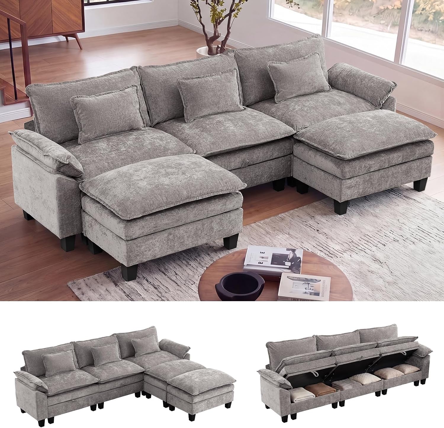Light gray modular sectional arranged with two ottomans by a window; small insets show a corner chaise configuration and