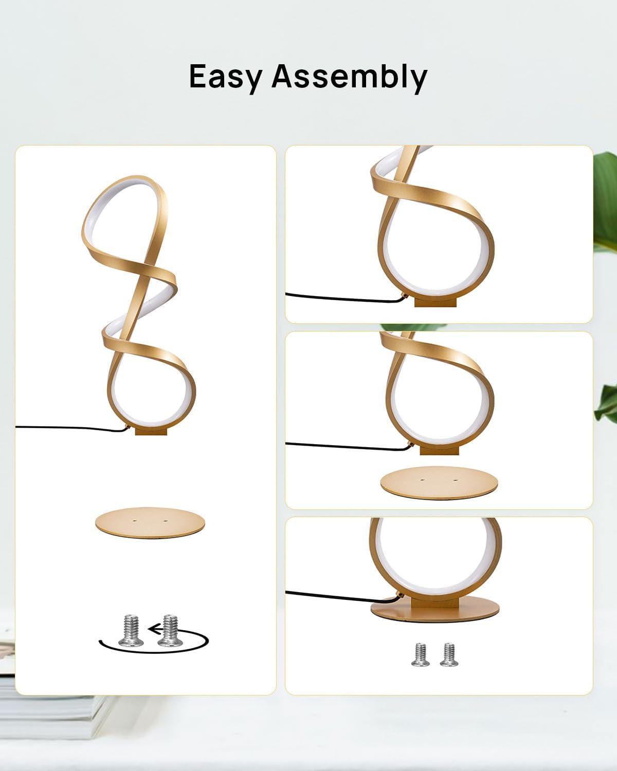 Assembly diagram showing the spiral lamp placed onto a round base with two screws and the power cord