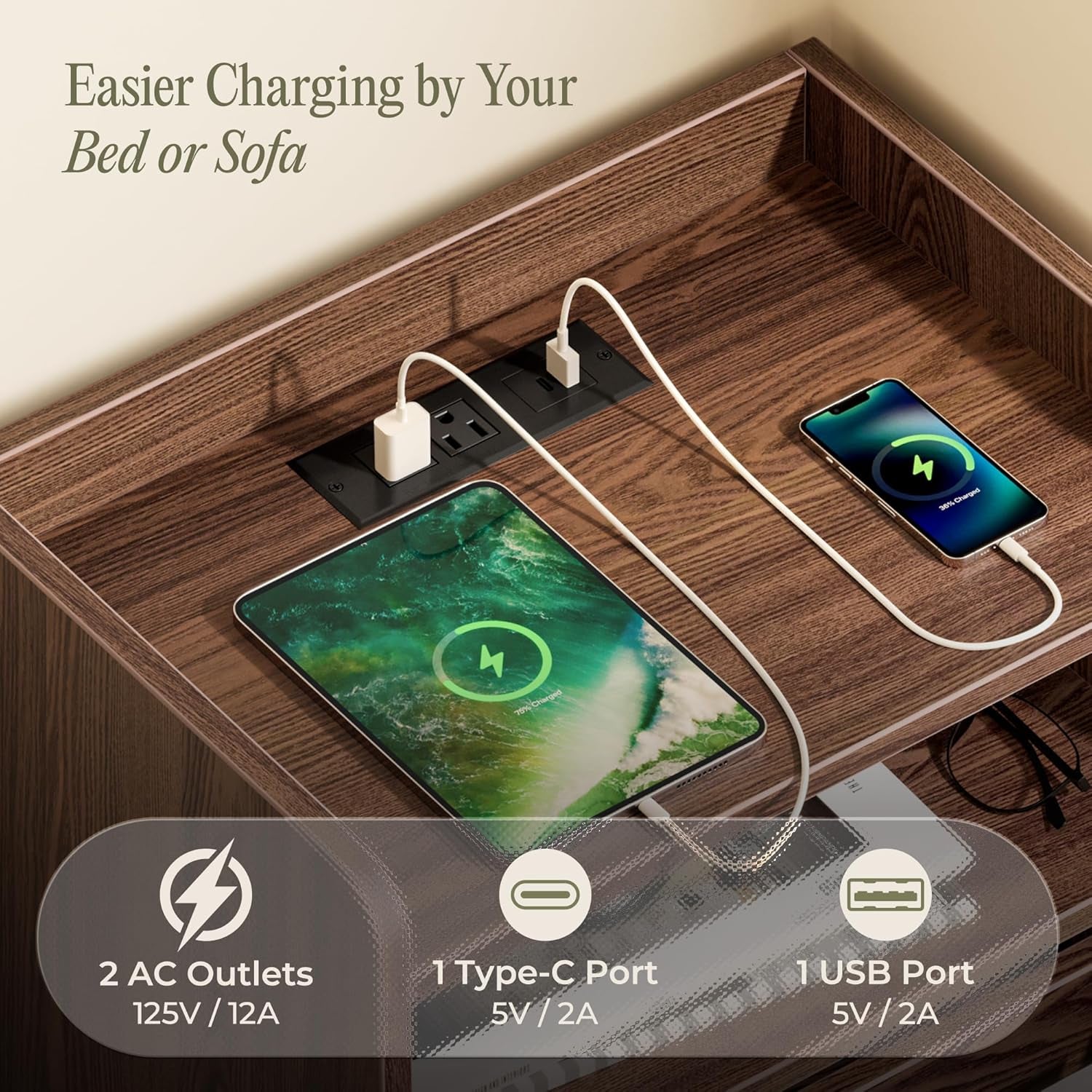 Close-up of tabletop charging station with two AC outlets, a USB-C port and a USB port in walnut finish
