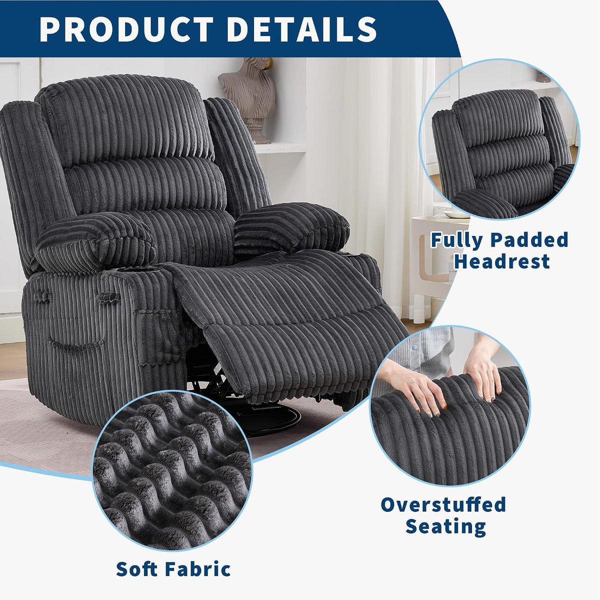 Gray recliner three-quarter view with close-ups of padded headrest, overstuffed seat, and corduroy texture.