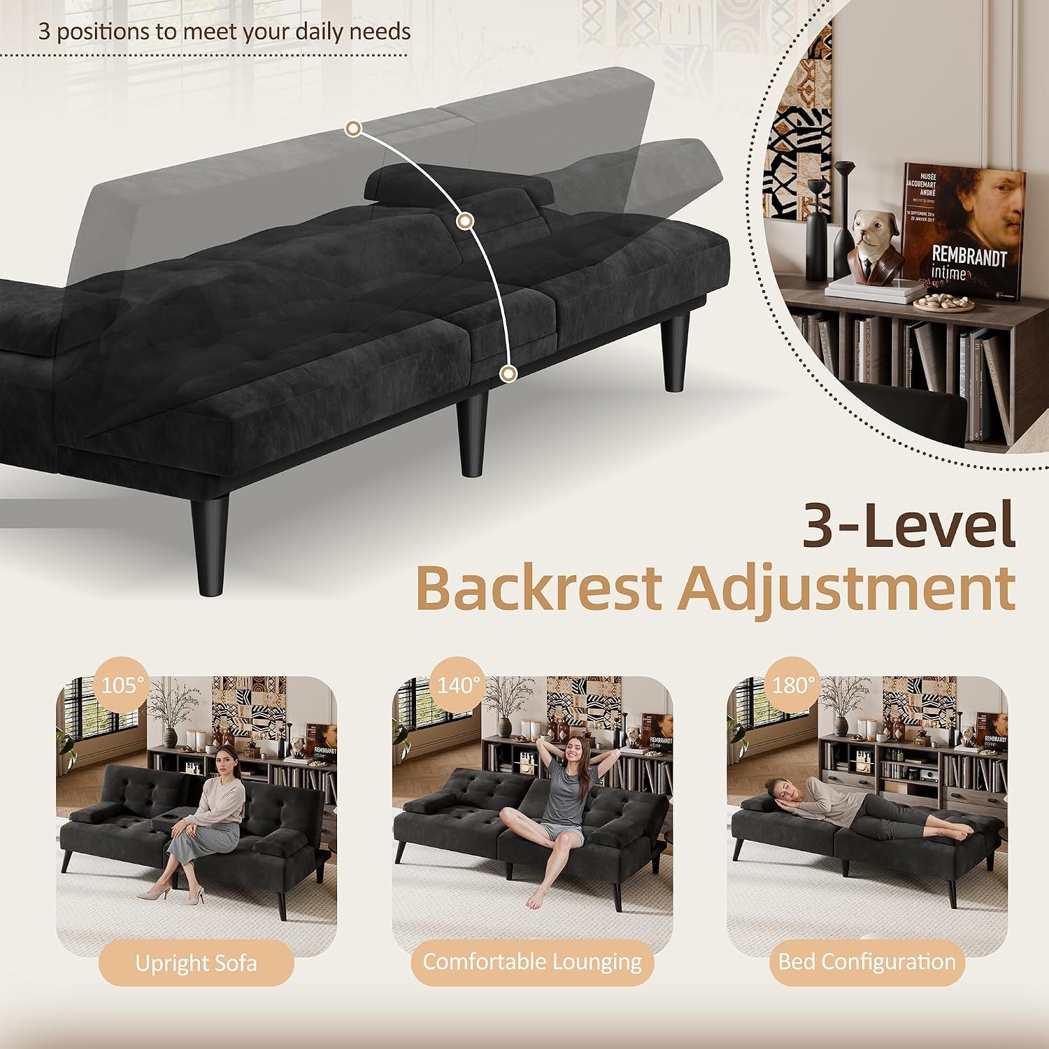 64" Futon Sofa Bed, Velvet Foldable Couch, Reclining Sleeper with Removable Armrests, Upholstered Loveseat Sofa Couch with Folding Cup Holders for Home, Office, Black