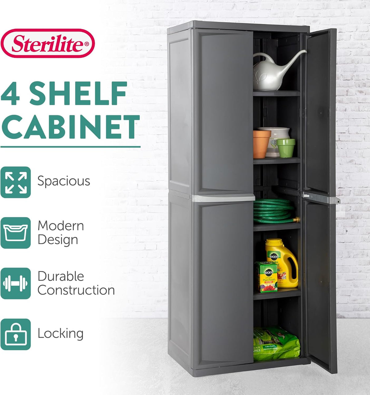 Gray plastic cabinet with one door open and text icons highlighting spacious, modern design, durable construction, and lock.