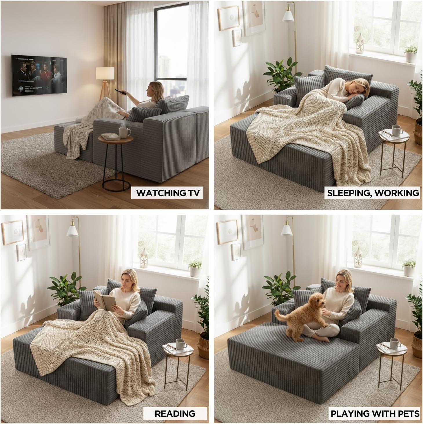 Four-panel lifestyle collage showing the grey chaise used for watching TV, sleeping, reading, and playing with pets