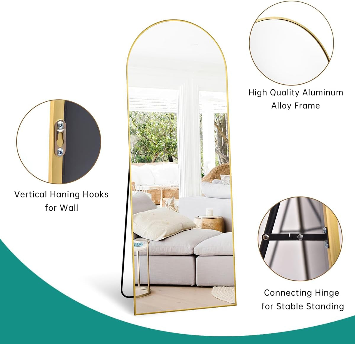 Studio image of the arched mirror with callouts highlighting vertical hanging hooks and a connecting hinge for the stand.