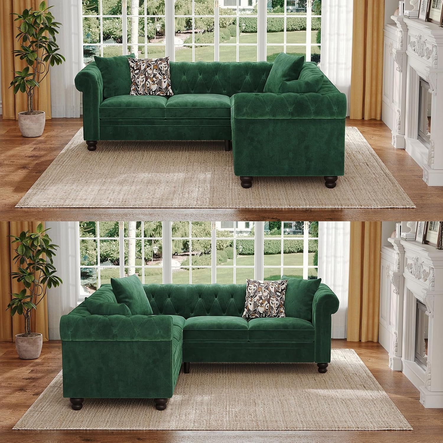 Front view of the green velvet L-shaped sectional in a bright room showing tufting and cushions