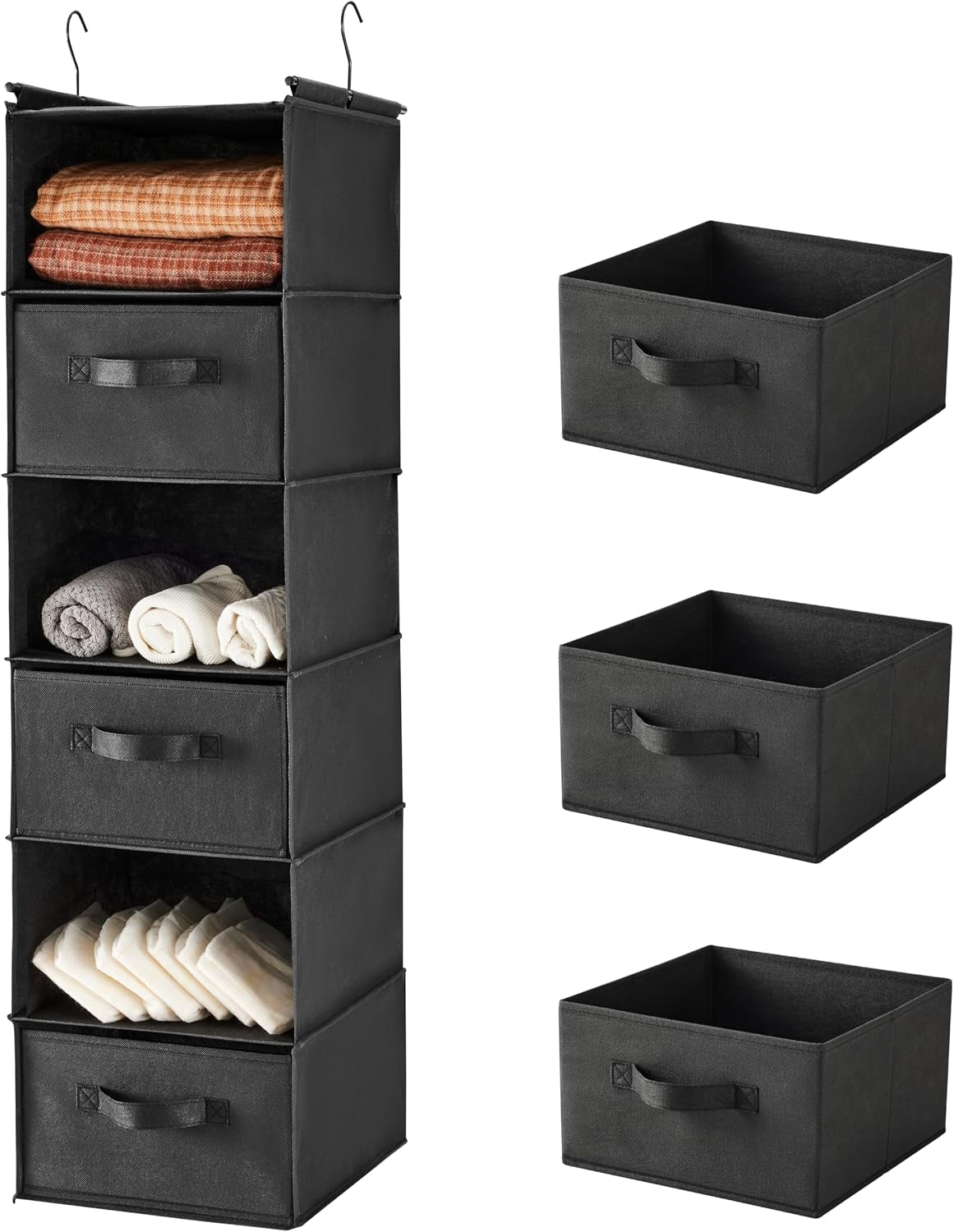 Black/charcoal 6-tier hanging closet organizer shown filled with folded items and three removable fabric bins alongside