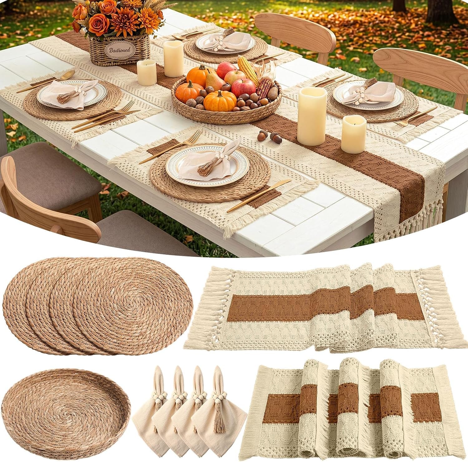 White table outdoors styled with cream runner that has a wide brown stripe, placemats and fall centerpiece