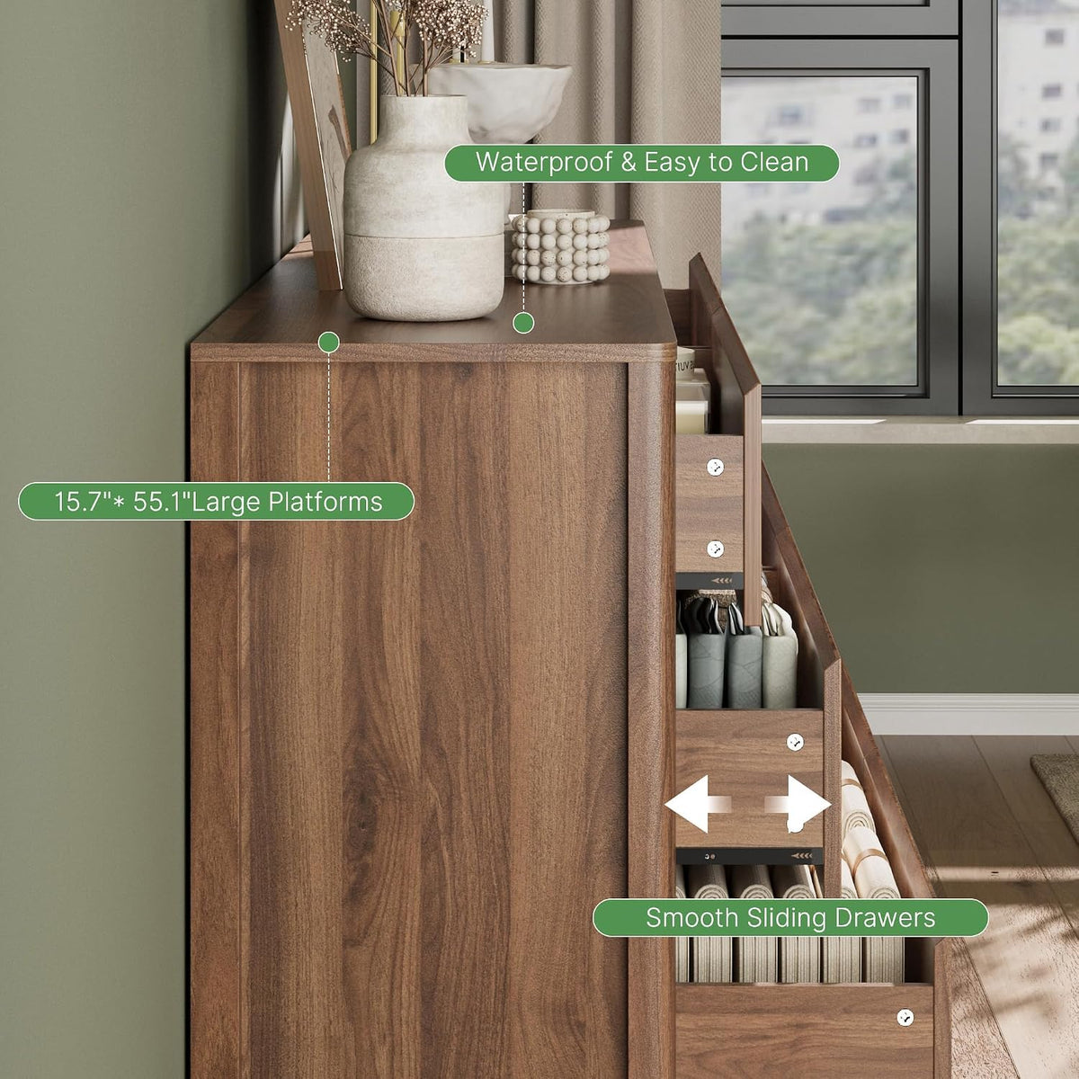 Side profile showing drawer slide action and wide top platform with walnut grain finish