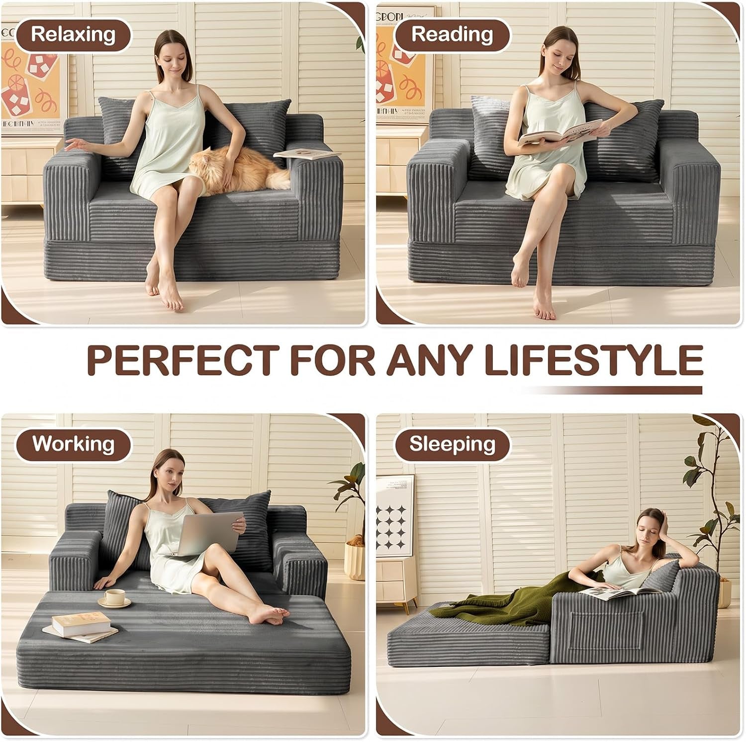 Four lifestyle scenes showing the sofa used for relaxing, reading, working and sleeping in a living room setting