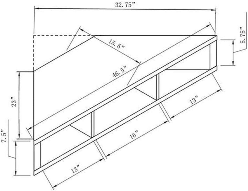Isometric line drawing dimension diagram of a corner floating TV stand with triangular top and three open compartments.