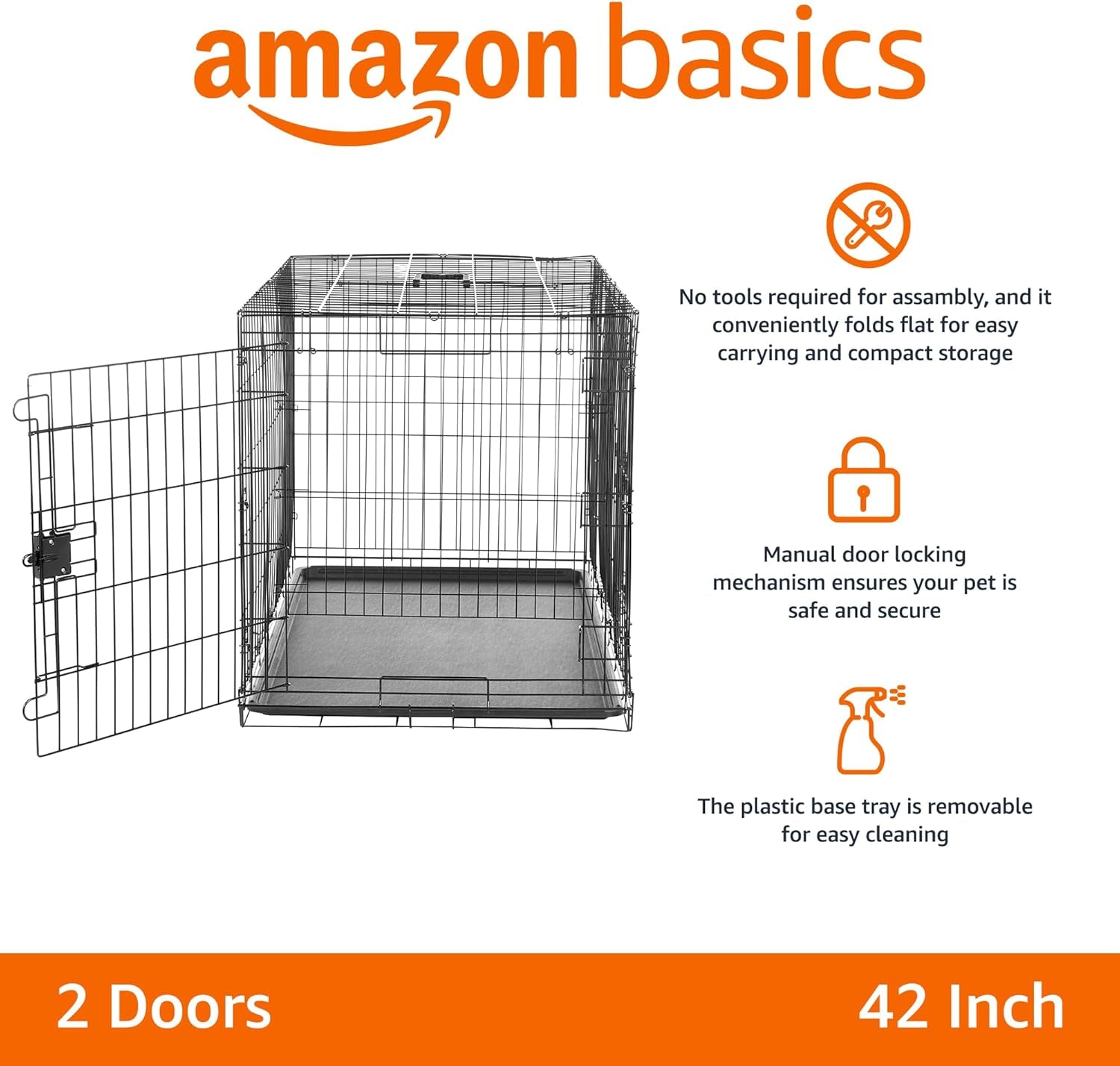 Graphic layout of black wire dog crate showing two doors, removable tray, fold-flat handle and lock icons