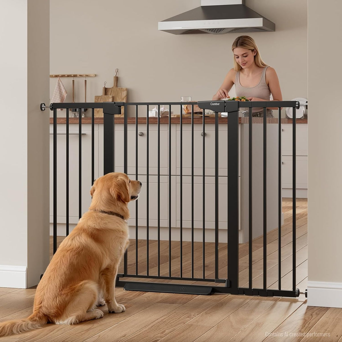 Black gate installed in a doorway opening with a golden retriever sitting on the floor nearby