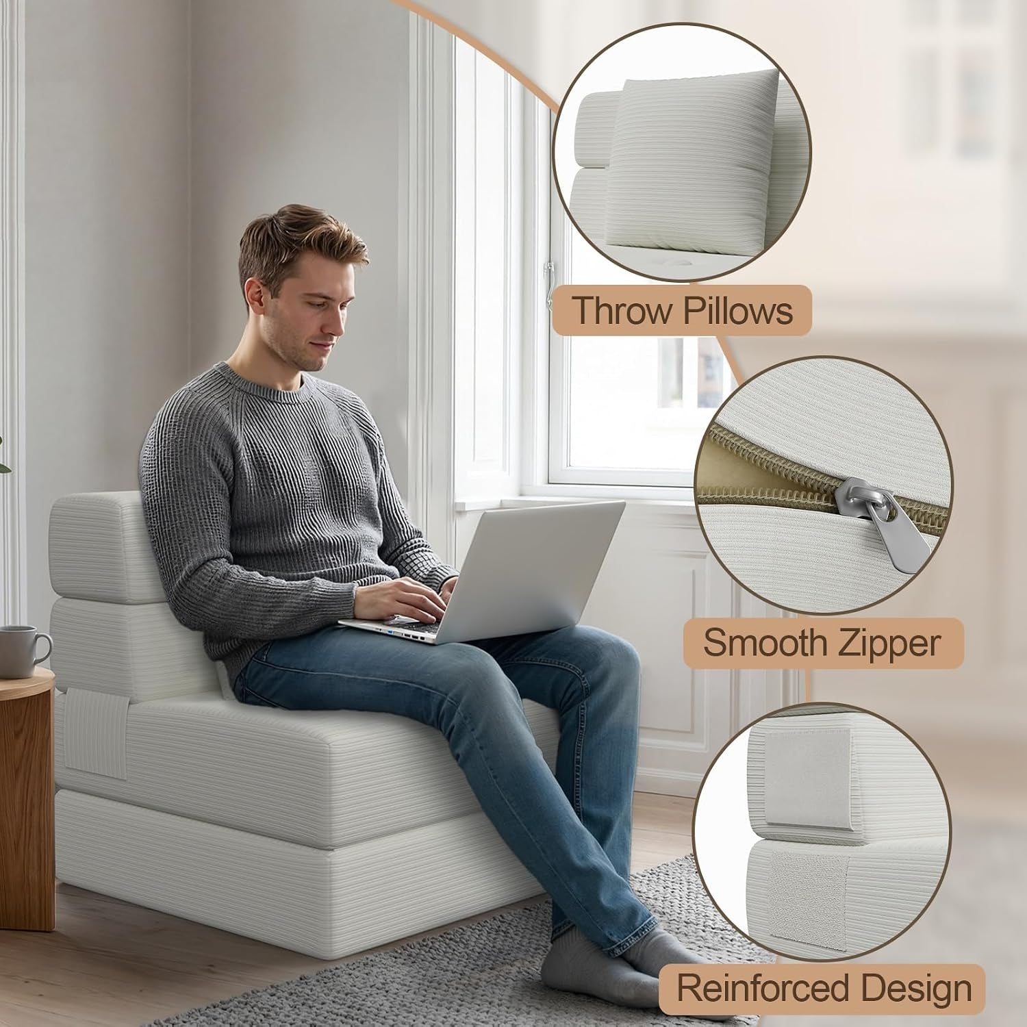 Man sitting on a cream corduroy folding sofa using a laptop, with inset close-ups of a pillow, zipper, and reinforced corner.