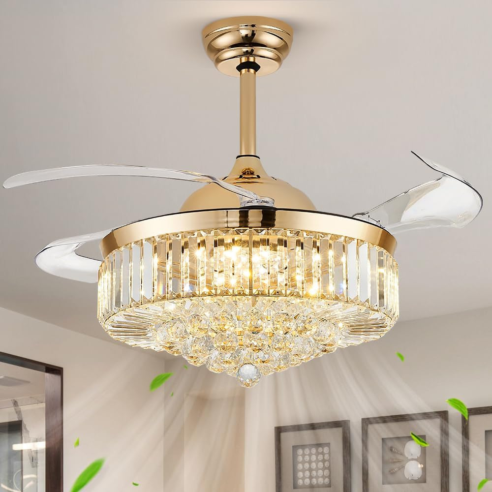 Close-up view of a gold ceiling fan with crystal chandelier and translucent retractable blades.