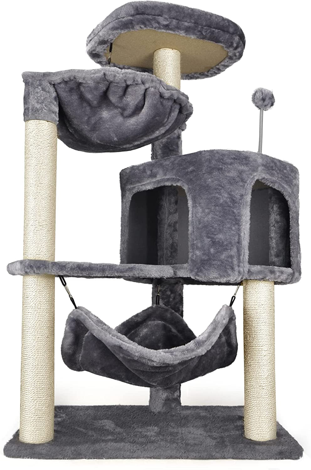 Straight-on view of grey cat tree with round top perch, padded platform, hanging pom-pom toy and hammock