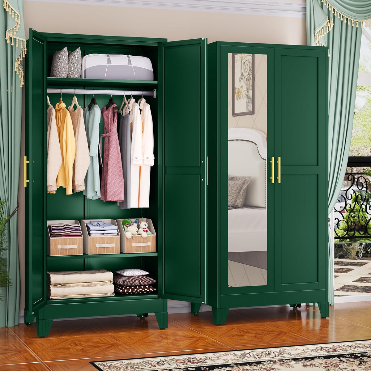 Pair of green metal wardrobes; left one open showing hanging clothes, upper shelf and storage bins, right one with mirrored