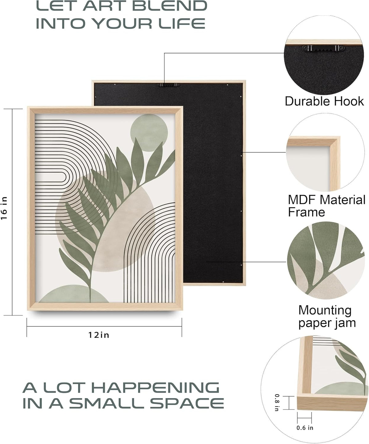 Front and back views of a framed print showing pre-installed hanging hook, black mounting backing, and size overlay