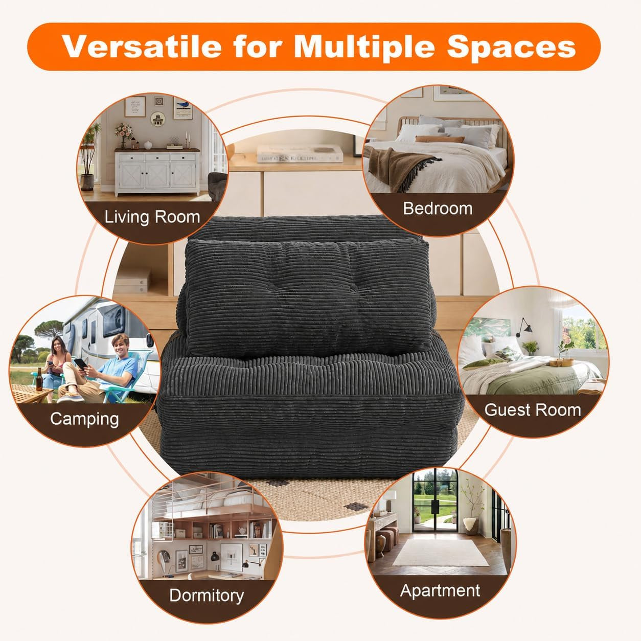 Dark grey folding floor sofa surrounded by circular photos of recommended spaces like living room, dormitory and guest room