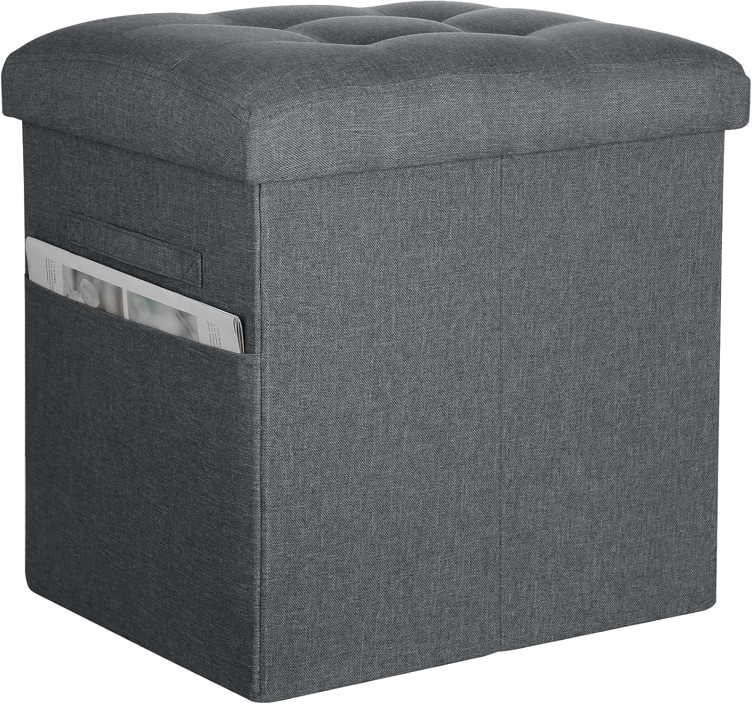 Squared storage ottoman with tufted foam top and side pocket holding a magazine, shown at an angle