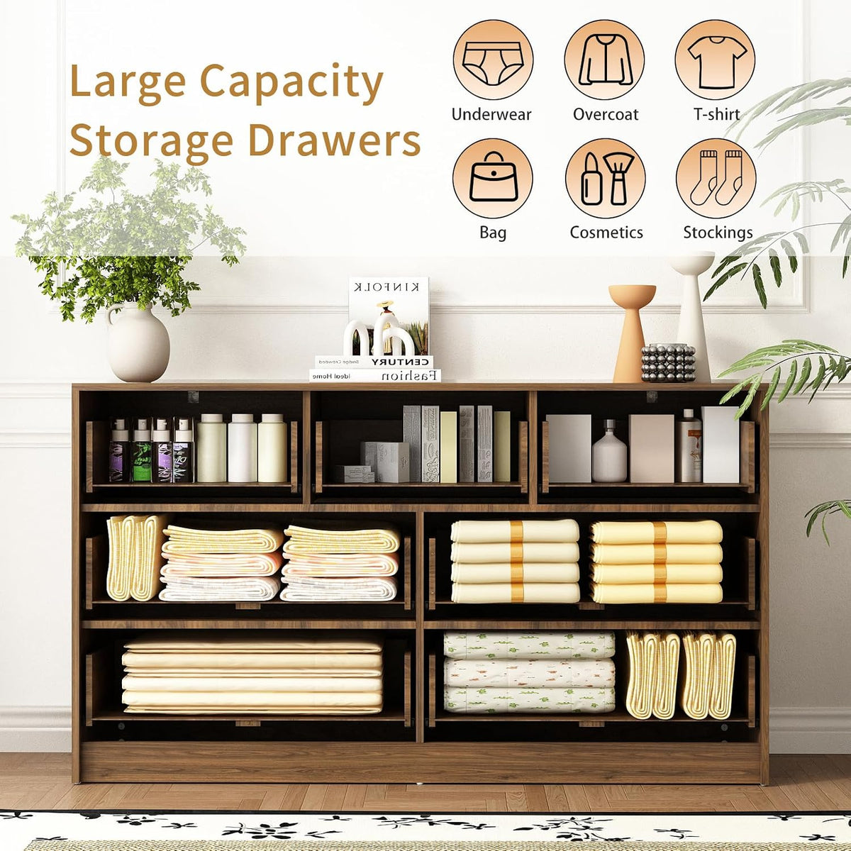 Interior view of dresser back removed showing multiple internal shelving compartments and storage bays