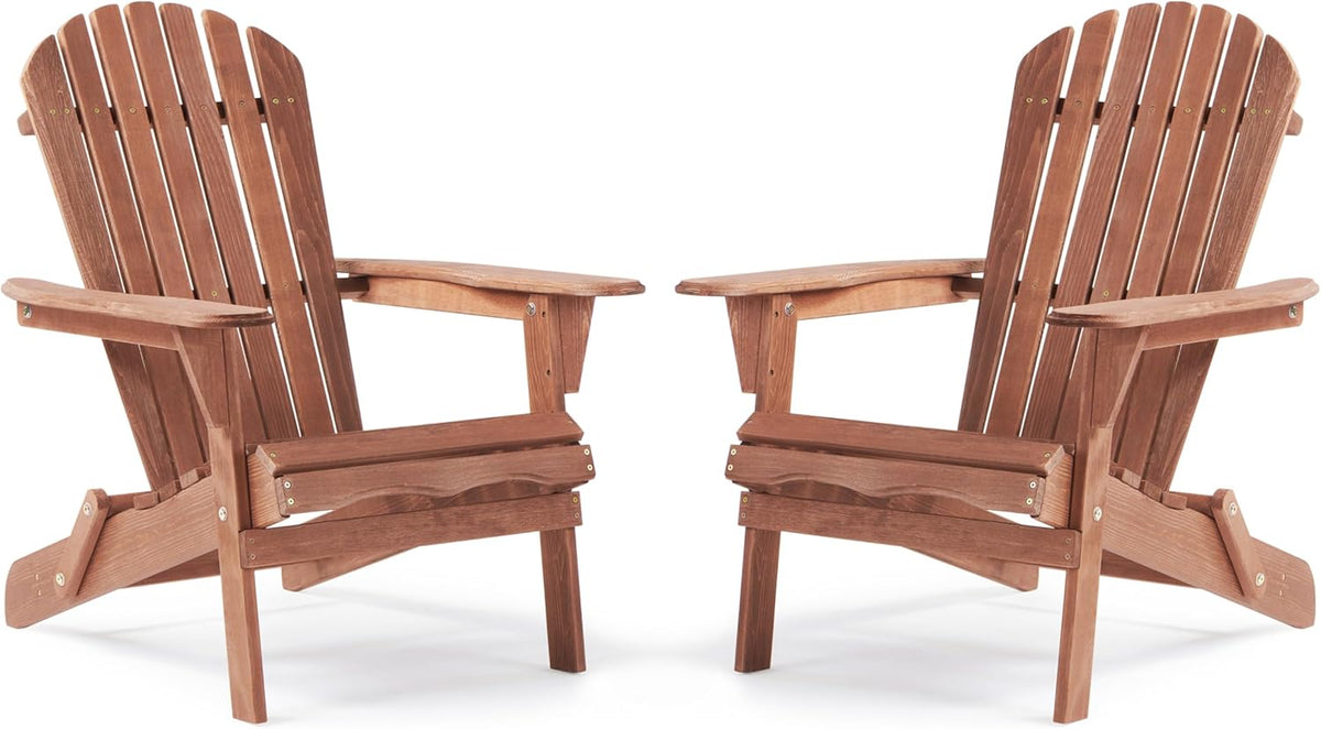 Mirror-symmetric pair of natural wood Adirondack chairs shown from a slight front-left angle on a white background