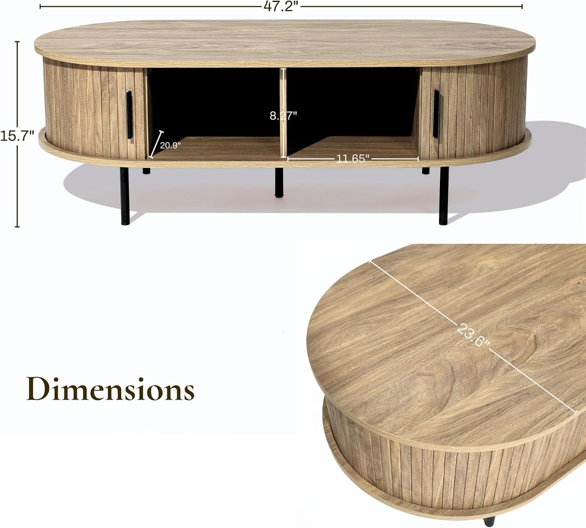 Front view of the oval coffee table with measurement overlays showing width and depth dimensions