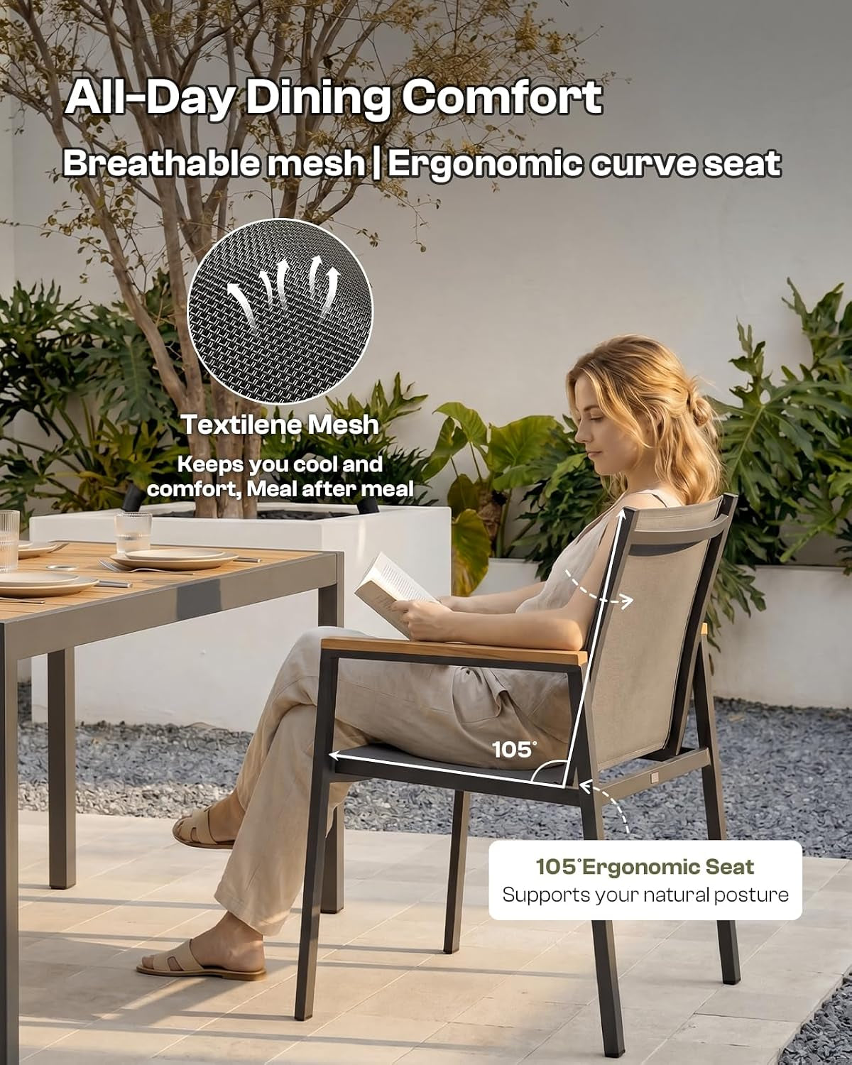 Side view of a textilene mesh armchair with ergonomic back angle and wood-toned armrest accent in an outdoor setting