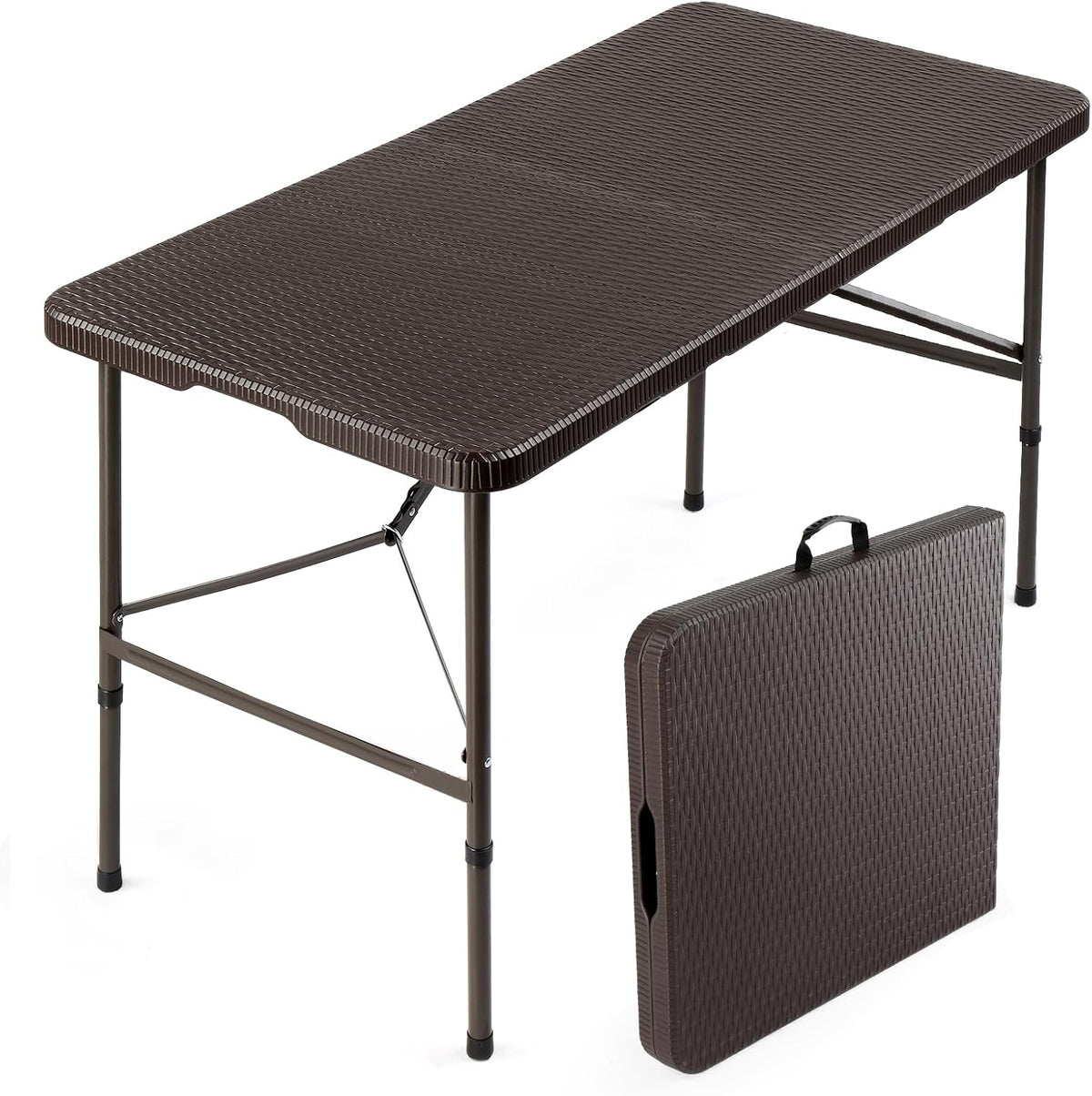 Angled close-up of a brown textured plastic folding table with metal legs and its folded carry case beside it.