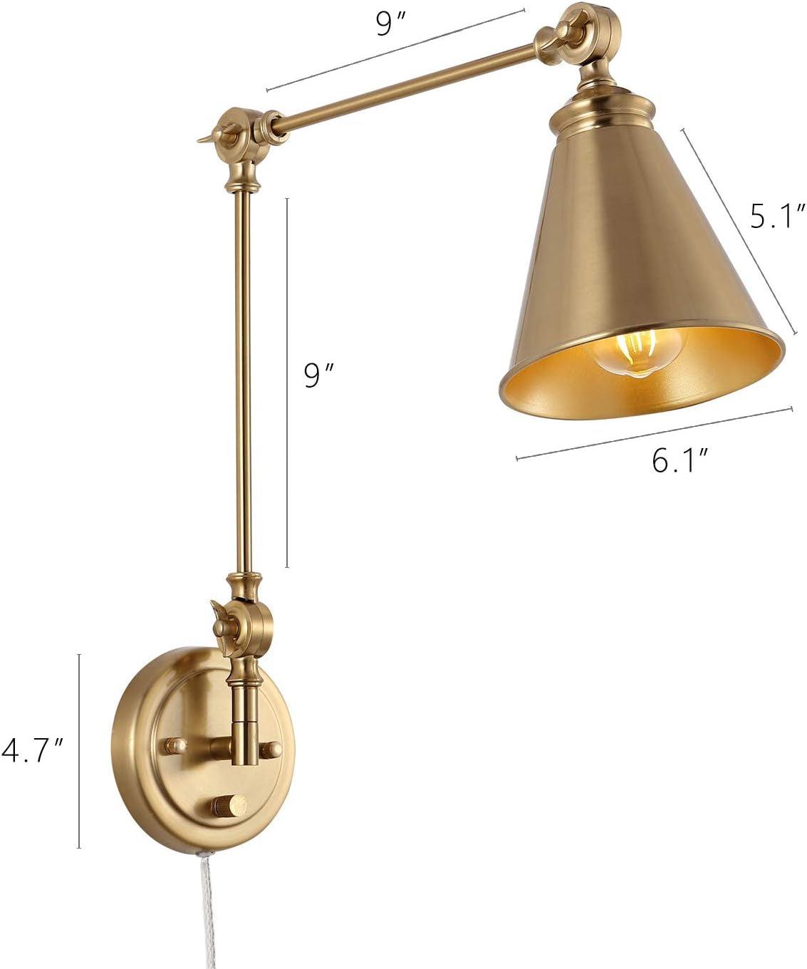 Dimension diagram of the brass wall sconce showing two 9-inch arms, 6.1-inch shade diameter, and 5.1-inch length.