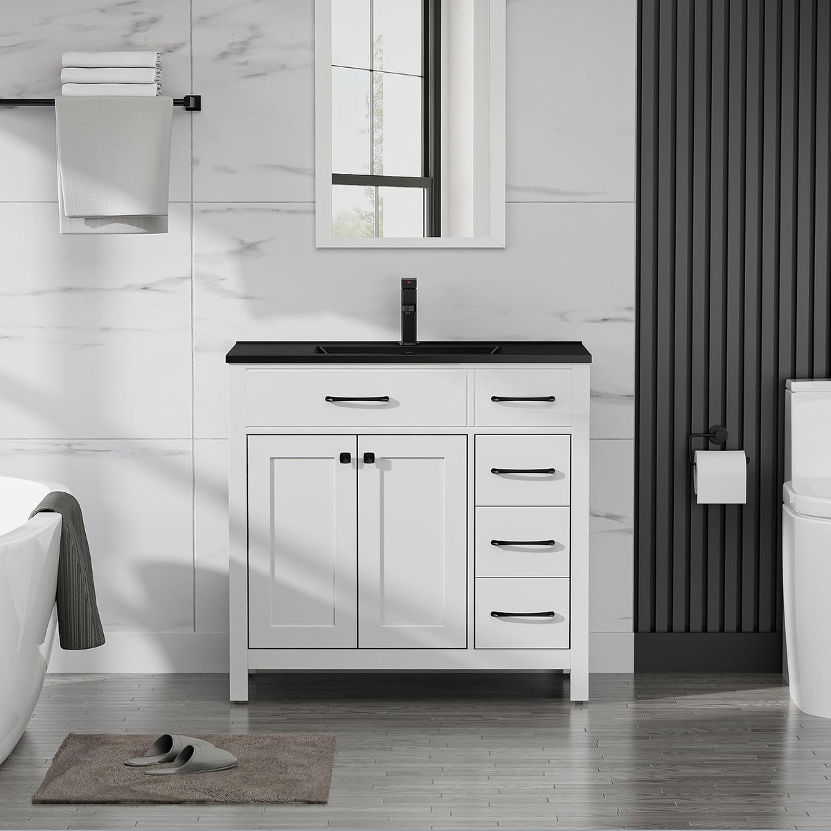 Mid-width white vanity with black countertop, single faucet, cabinet doors and three right-side drawers.