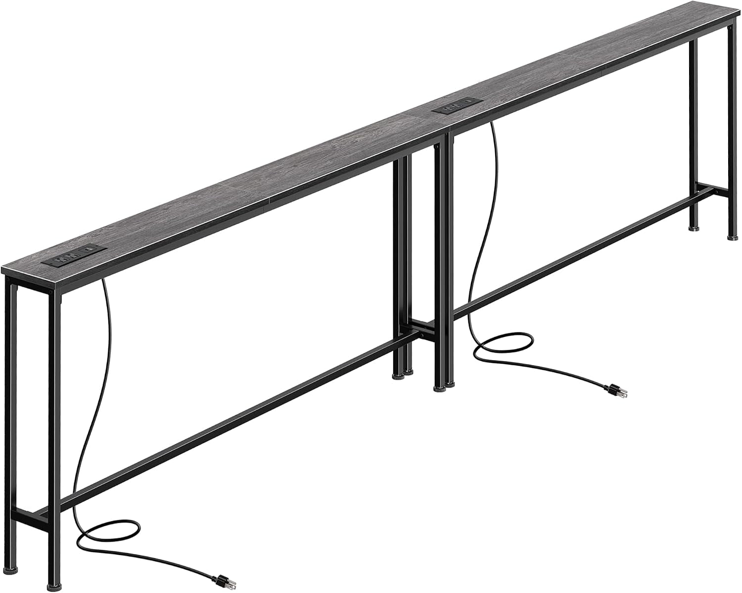 Two slim console tables with gray wood-look tops and black metal frames, one power cord draped down.
