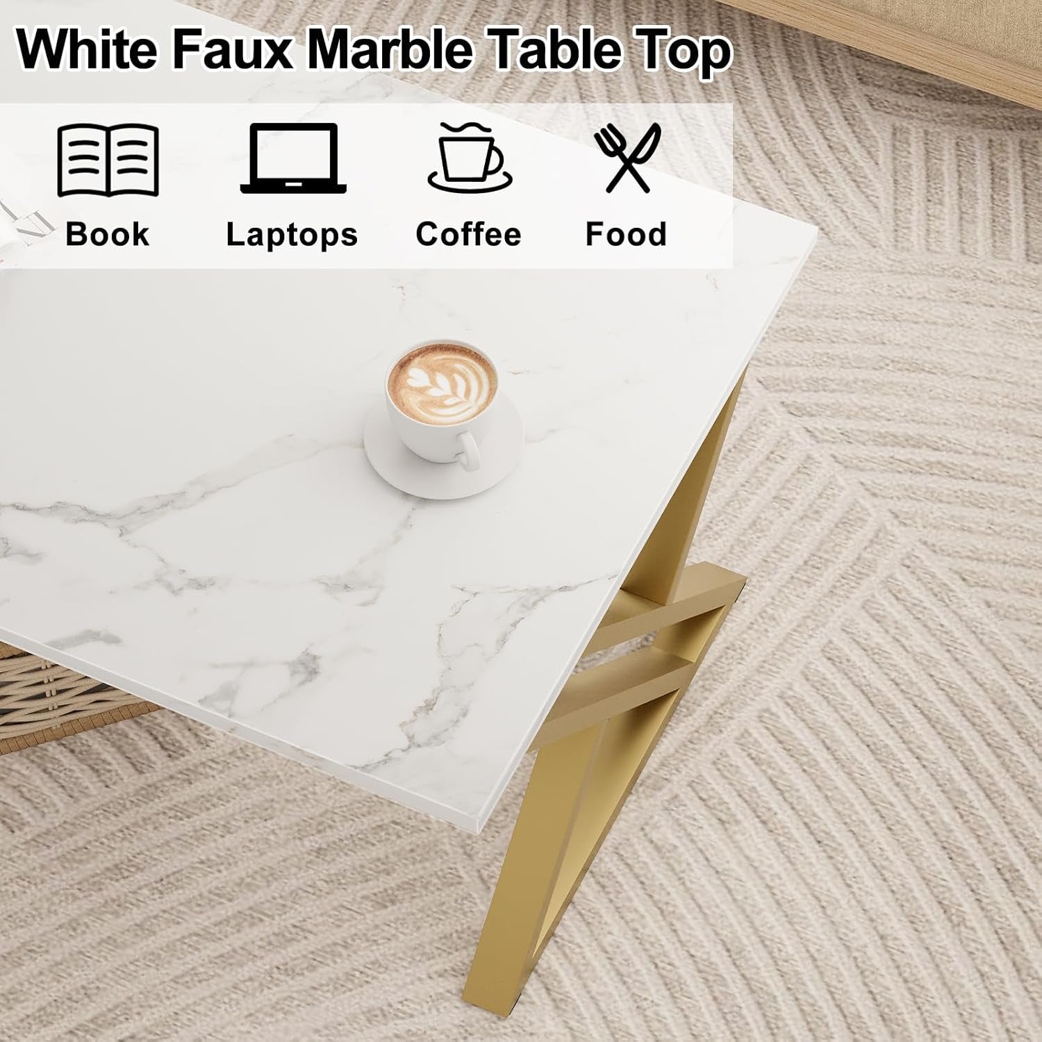 Close-up of white faux marble tabletop corner with a cup and visible gold X-shaped leg showing smooth surface