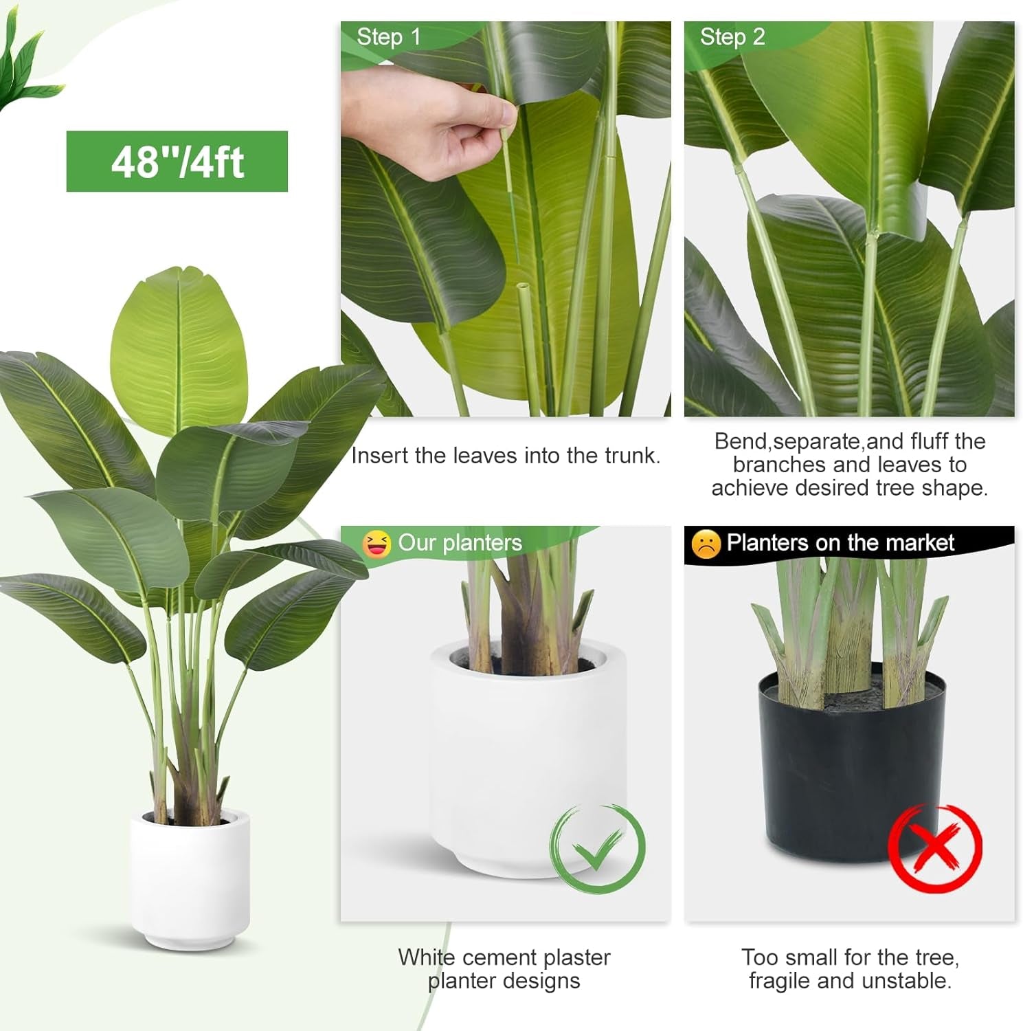 assembly/comparison collage — close-up steps inserting and fluffing leaves, with inset showing white cement planter versus a
