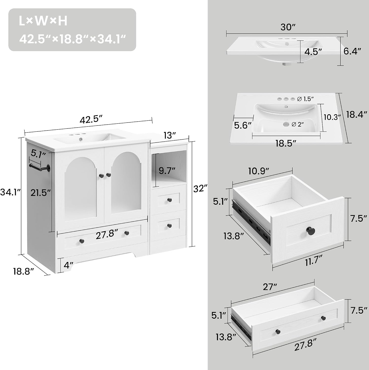 Technical diagram showing vanity dimensions, sink layout and drawer measurements with 42.5-inch width callout