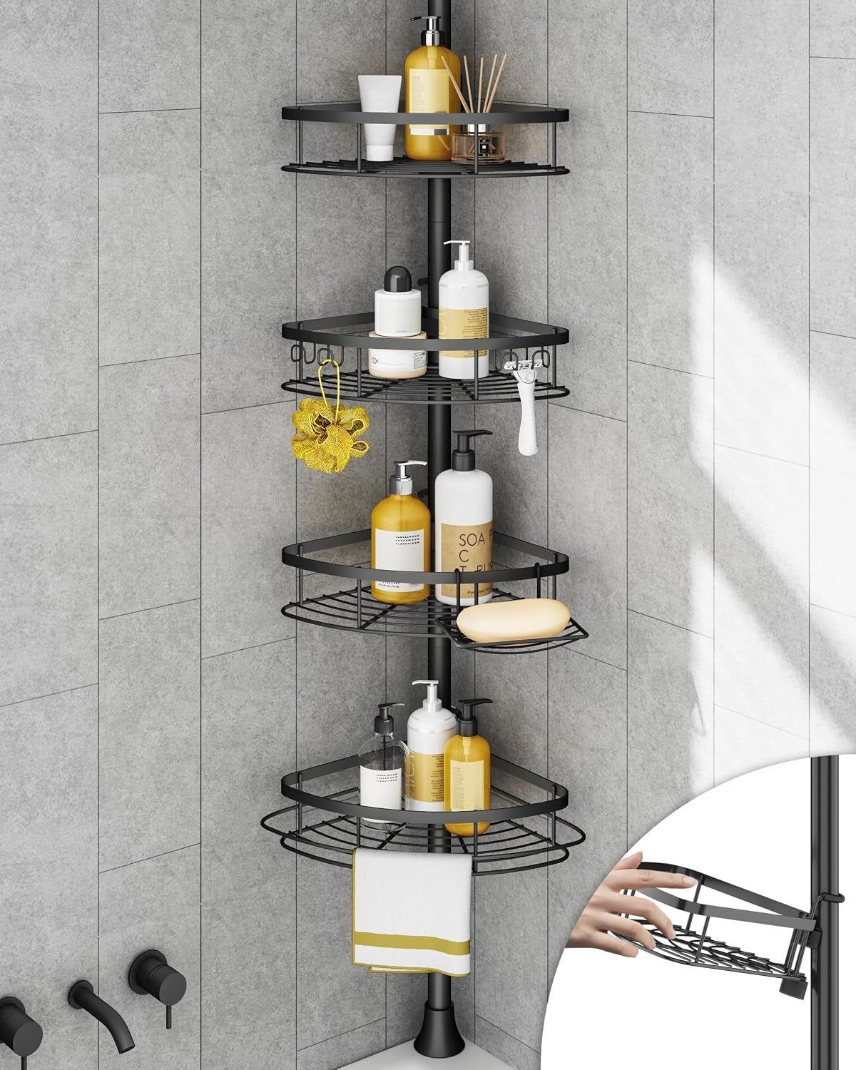 Matte black corner shower caddy shown in a tiled niche with bottles and an inset close-up of a hand adjusting a shelf.
