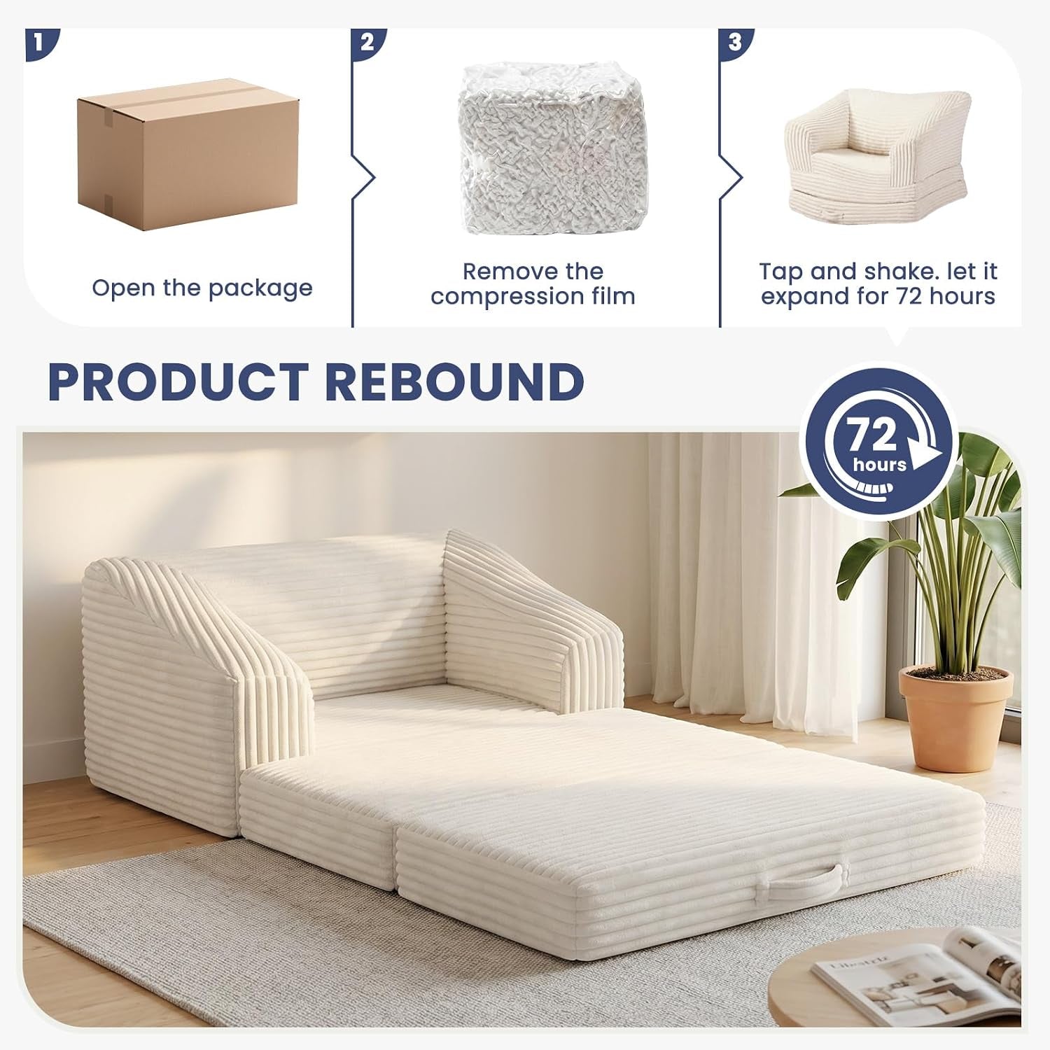 Cream corduroy sofa partially unfolded into a low flat bed on a rug next to a potted plant.
